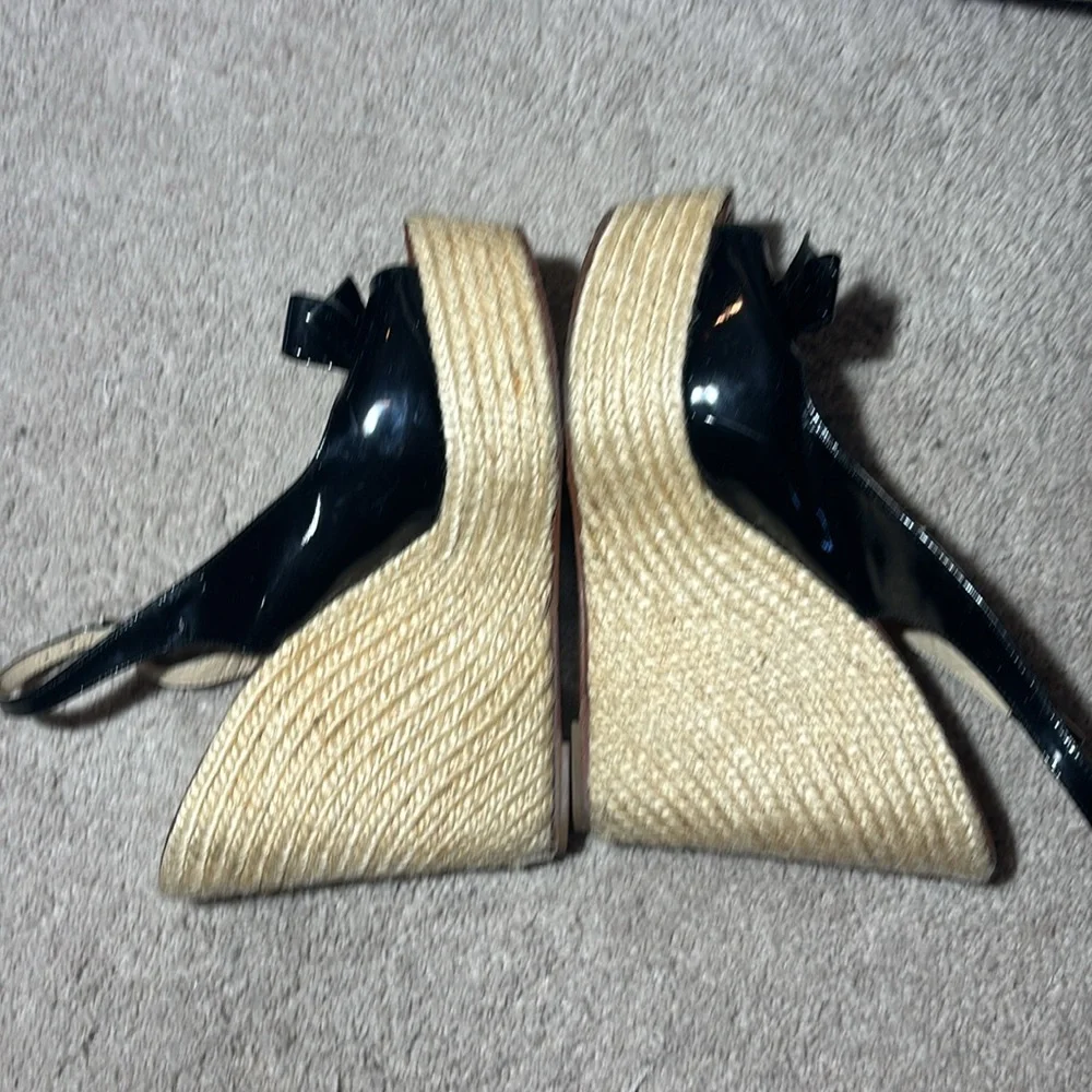 kate spade black patent leather bow platform wedge espadrille open toe heels